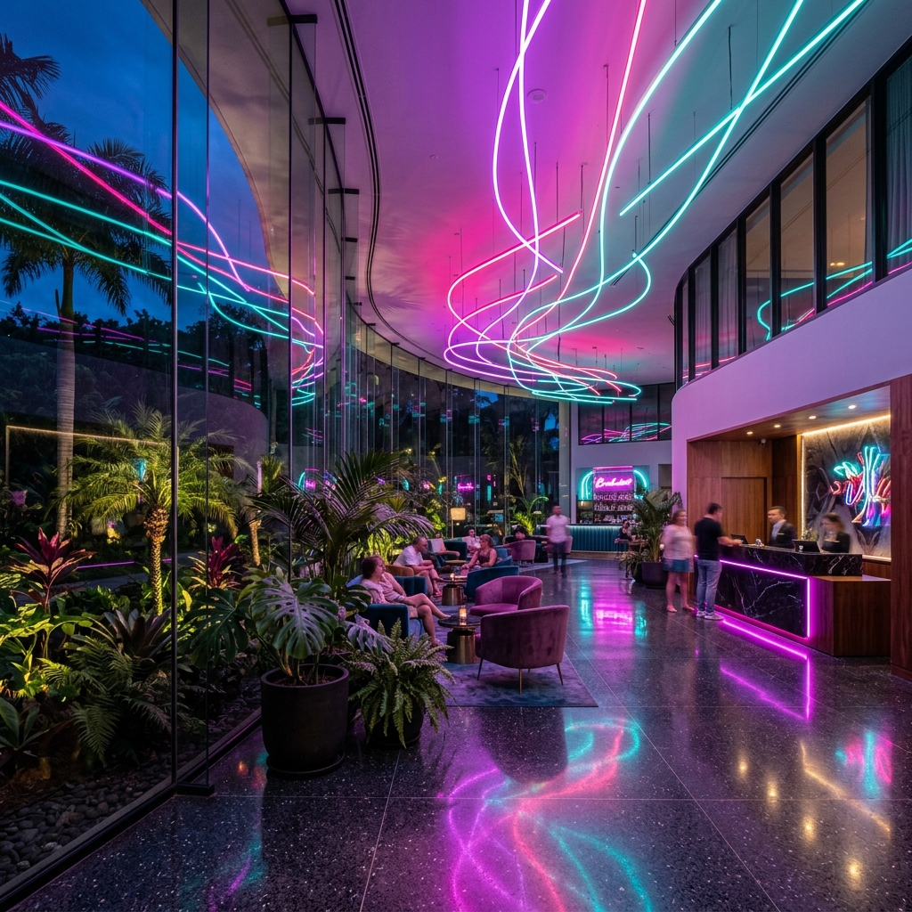 Stylish Pampa Fortuna hotel lobby with curved glass, tropical plants, purple pink and turquoise neon accents