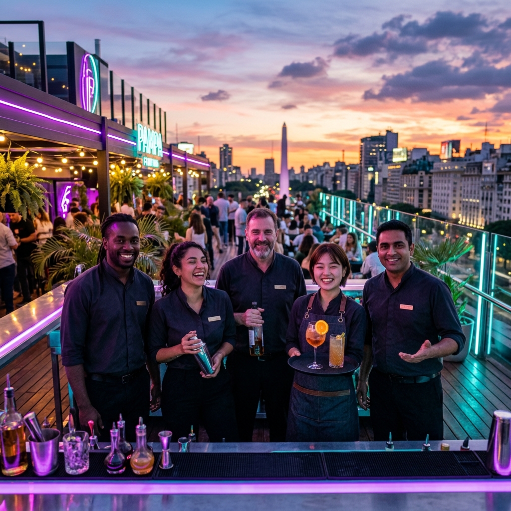 Diverse Pampa Fortuna hospitality team on a stylish Buenos Aires rooftop at sunset with purple and turquoise lighting