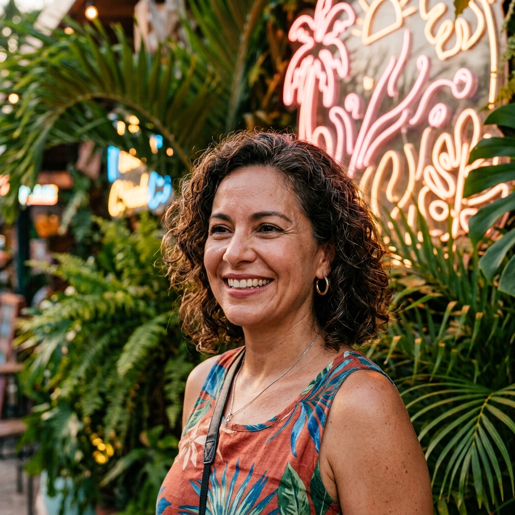 Portrait of a smiling Latina traveler in her forties with tropical foliage and soft pink neon behind her