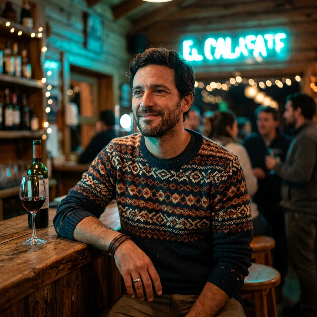 Portrait of an Argentine man in his late thirties, relaxed expression, subtle turquoise lodge lighting