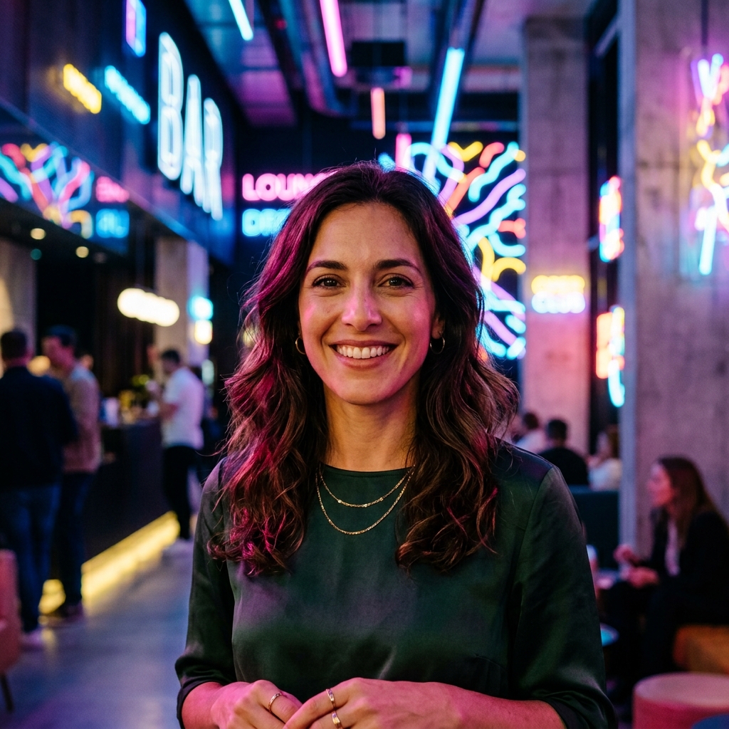 Portrait of a stylish Argentine woman in her early thirties, warm smile, modern neon hotel background
