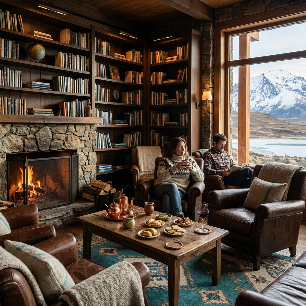 Intimate library lounge at Bariloche Sky Lodge with books, leather seating and snowy mountain views