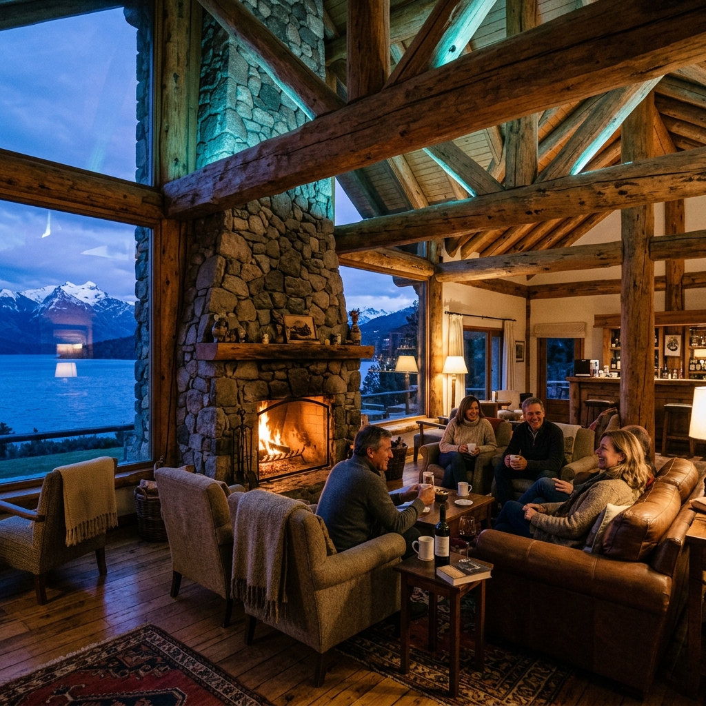 Grand lake-view lounge at Bariloche Sky Lodge with timber beams, stone fireplace and Andes scenery