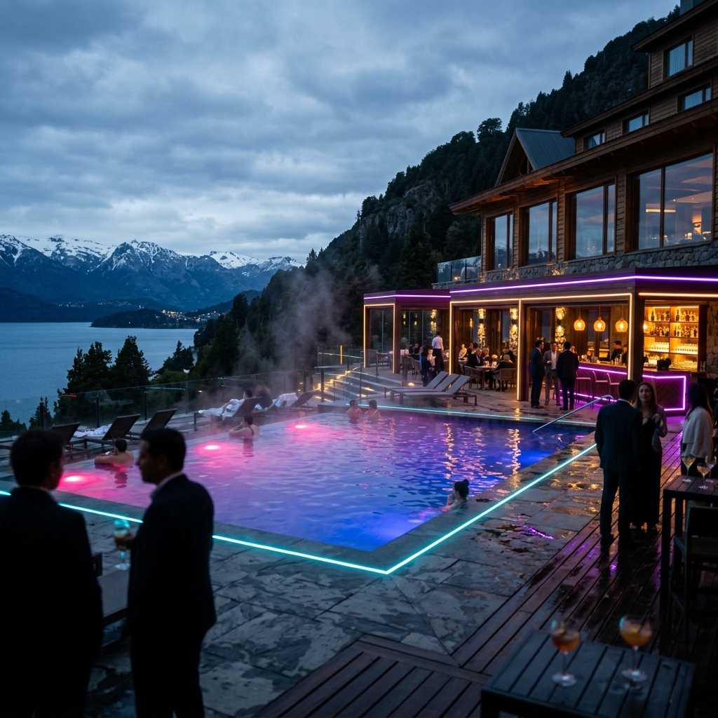 Bariloche Sky Lodge spa pool restaurant or bar experience with neon accents and cinematic destination atmosphere