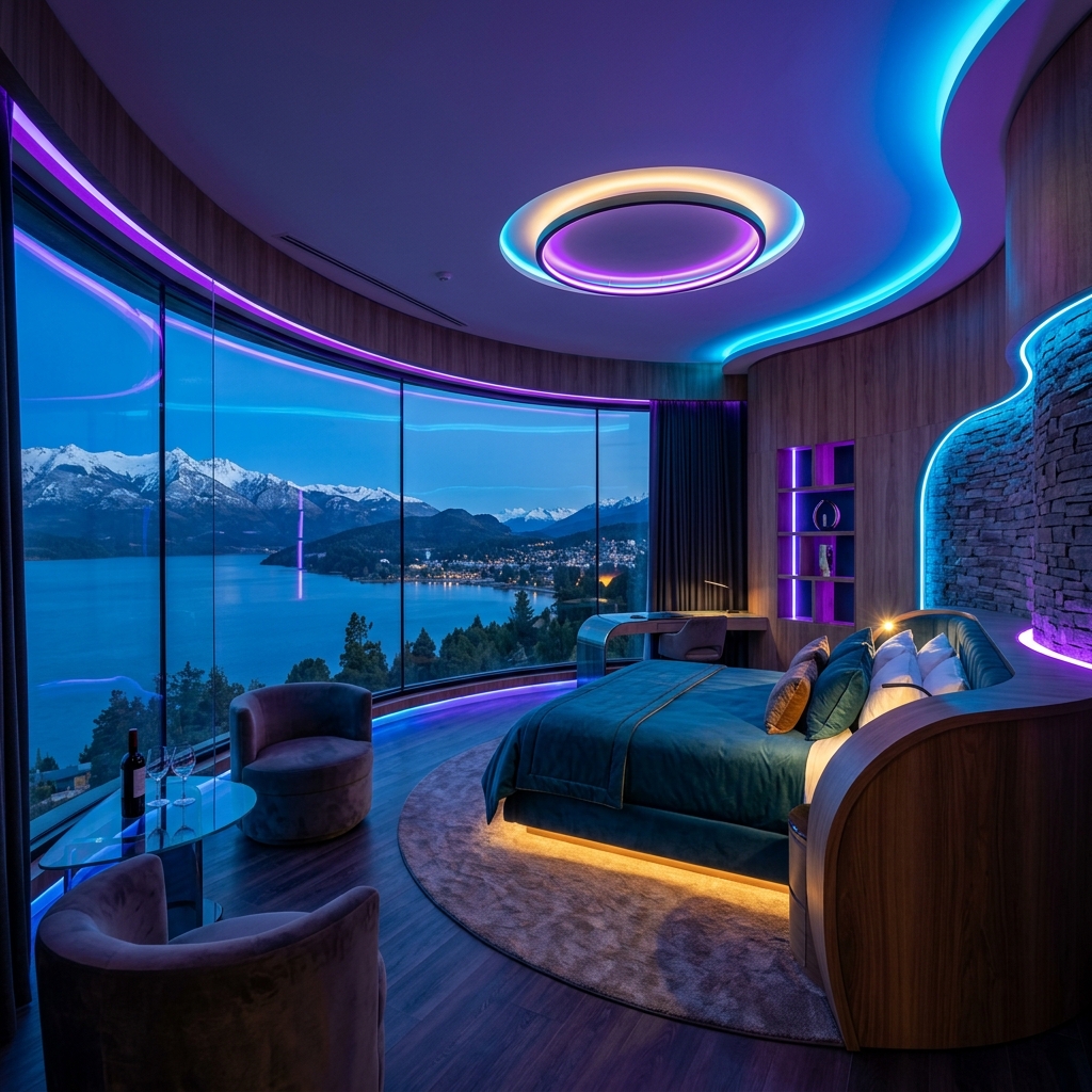 Bariloche Sky Lodge guest suite with contemporary rounded design and destination views