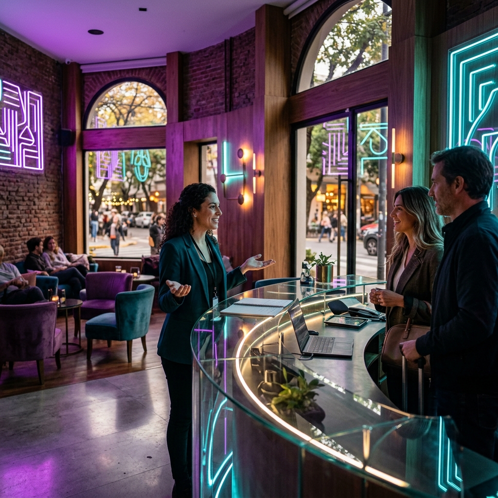 Pampa Fortuna reservations lounge in Palermo with friendly concierge, curved glass desk and vibrant purple turquoise neon lighting