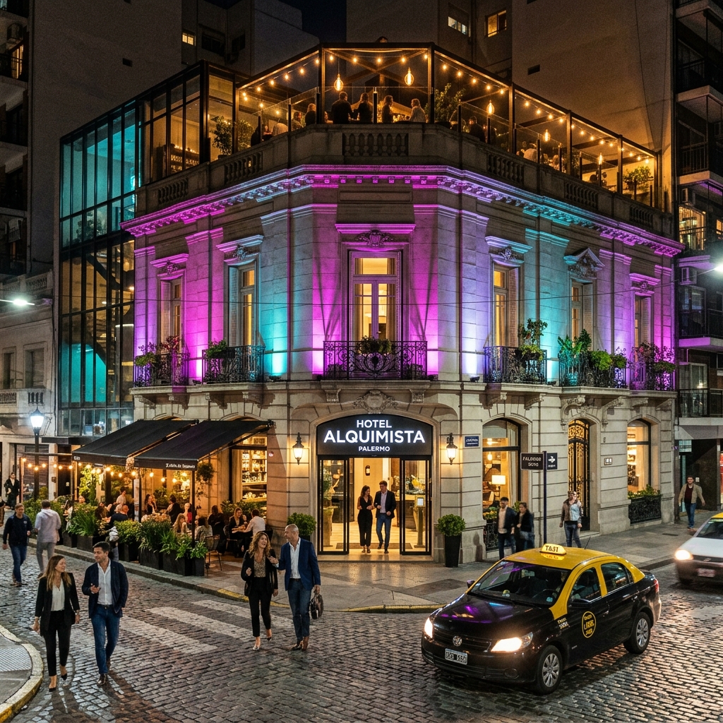 Pampa Fortuna design hotel in Buenos Aires glowing at night