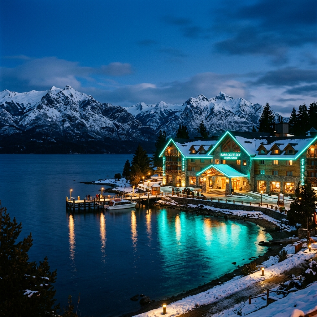Bariloche Sky Lodge beside a Patagonia lake at blue hour with turquoise glow and snowy Andes peaks