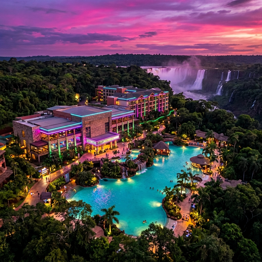 Iguazú Jungle Resort surrounded by rainforest with a turquoise lagoon pool and electric magenta evening sky