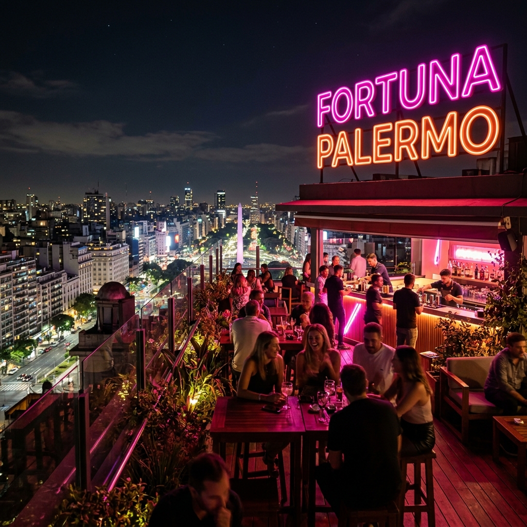 Fortuna Palermo rooftop hotel at night with Buenos Aires skyline and vibrant pink neon