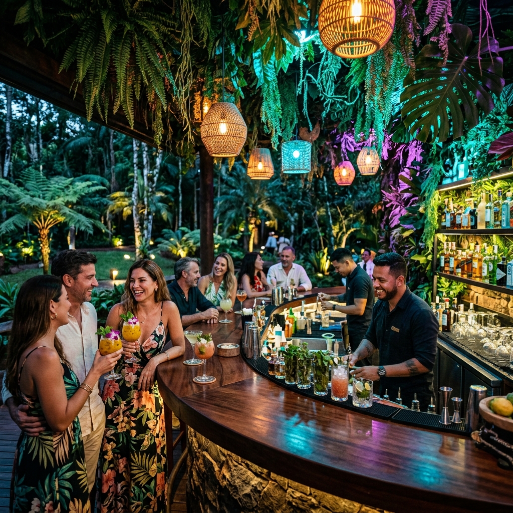 Tropical cocktail bar at Iguazú Jungle Resort with local timber, botanical details and garden views