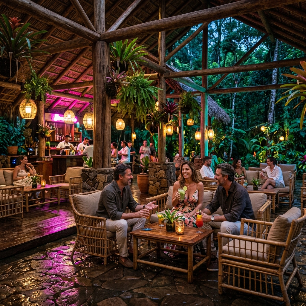 Open-air rainforest lounge at Iguazú Jungle Resort with tropical plants, organic materials and ambient lighting