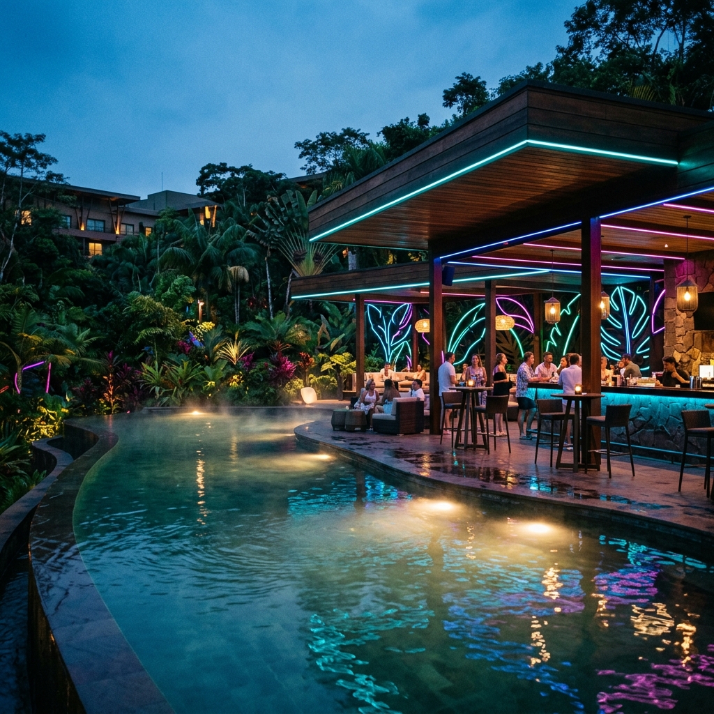 Iguazú Jungle Resort spa pool restaurant or bar experience with neon accents and cinematic destination atmosphere