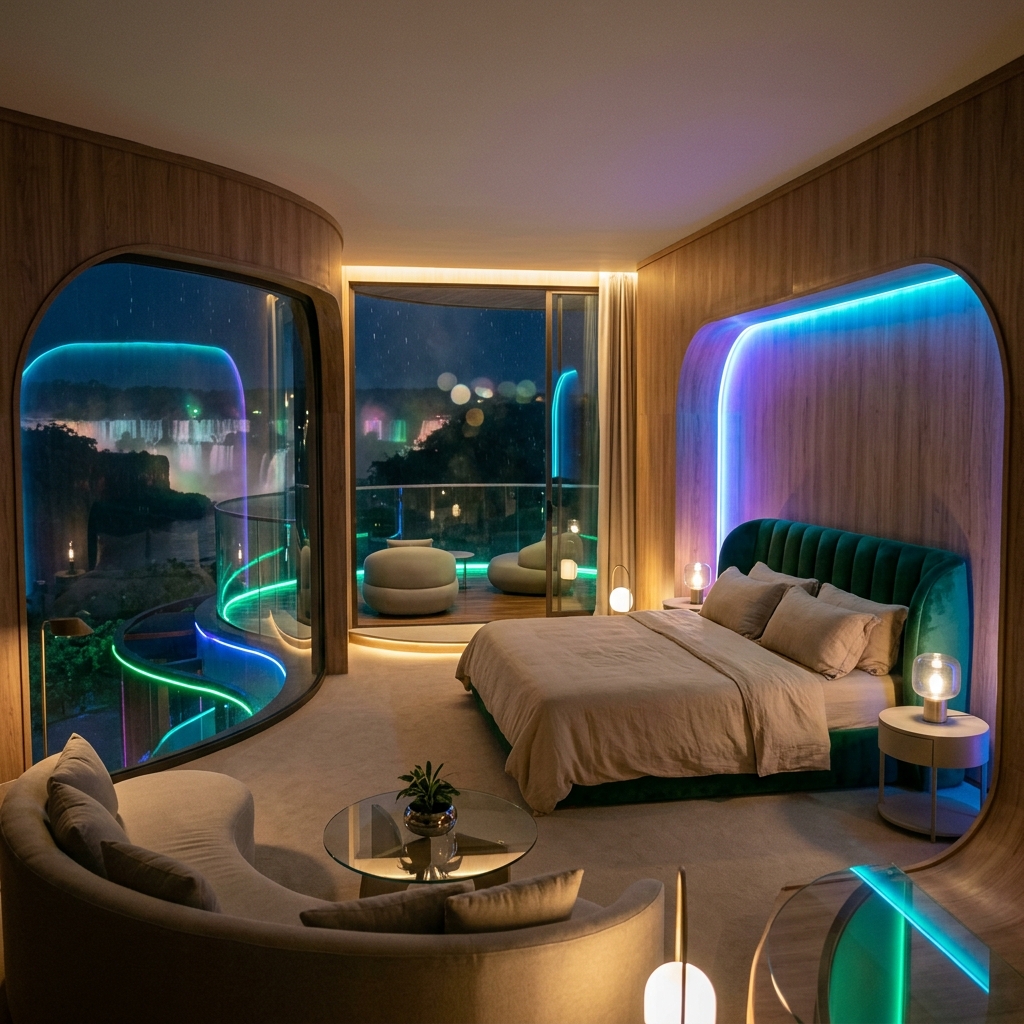 Iguazú Jungle Resort guest suite with contemporary rounded design and destination views