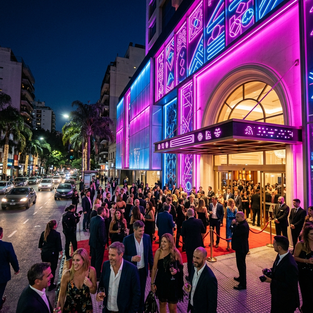 Opening night of a vibrant contemporary hotel in Palermo, Buenos Aires with neon magenta lighting and excited guests