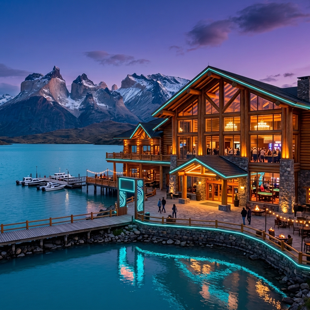 Modern lake lodge opening beside a Patagonia lake with snowy Andes peaks, warm timber architecture and turquoise accent lighting