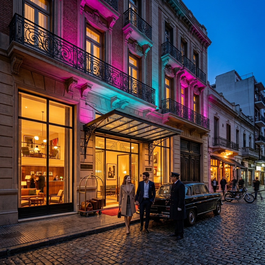 Fortuna Palermo Hotel exterior glowing at night
