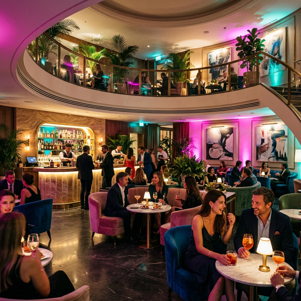 Design-led social lounge at Fortuna Palermo with curved neon lighting, Argentine art and stylish guests