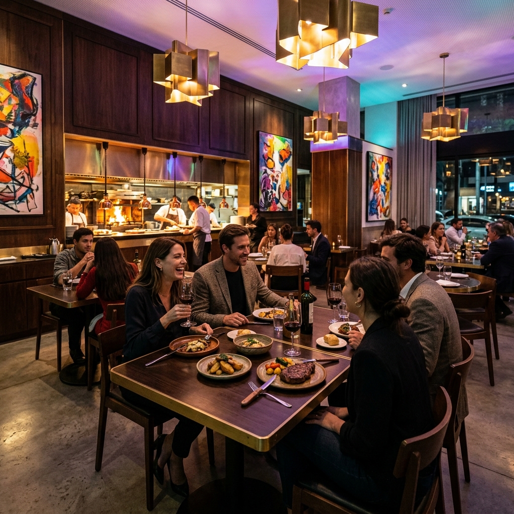 Chef-led restaurant at Fortuna Palermo with sculptural lighting and elegant evening dining