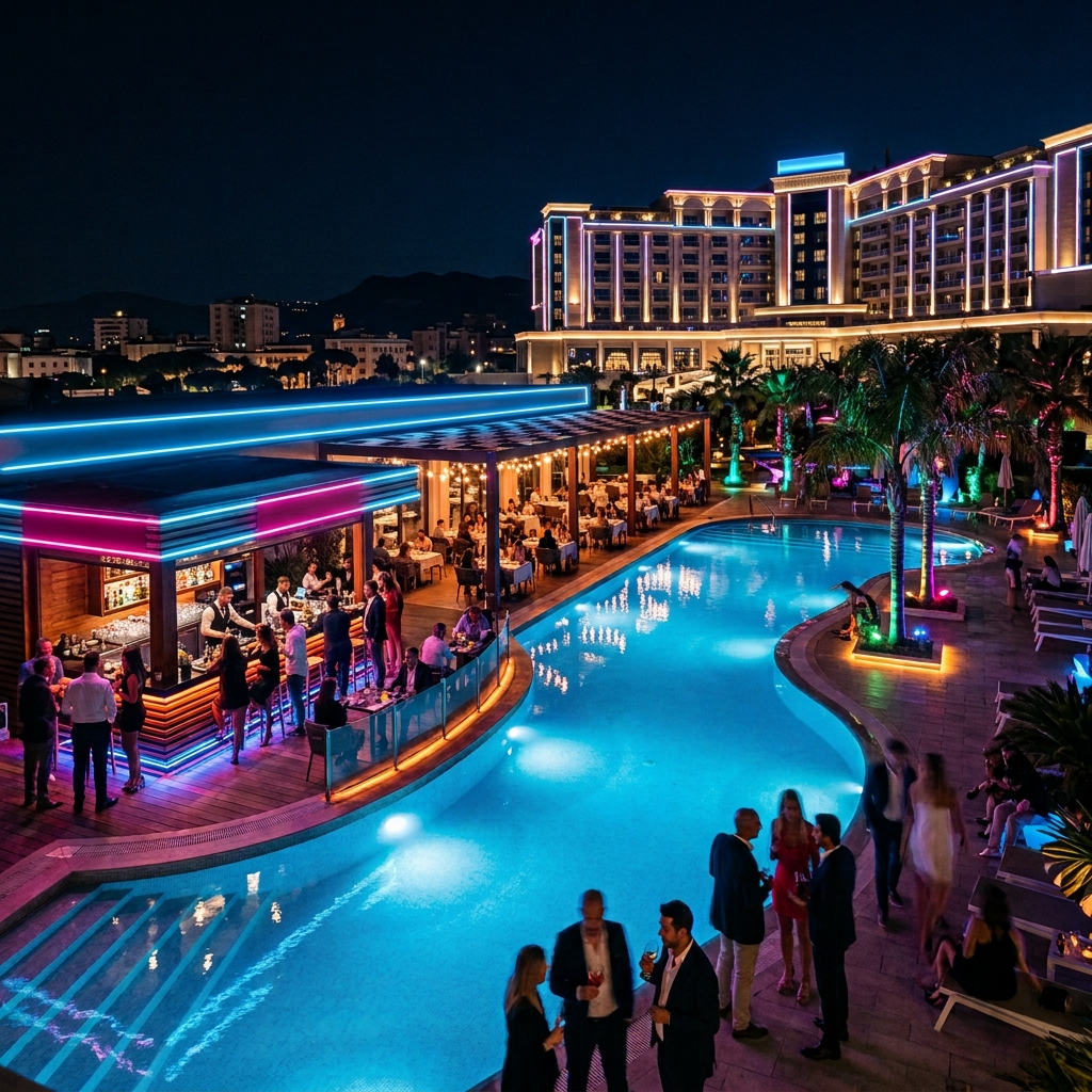 Fortuna Palermo Hotel spa pool restaurant or bar experience with neon accents and cinematic destination atmosphere