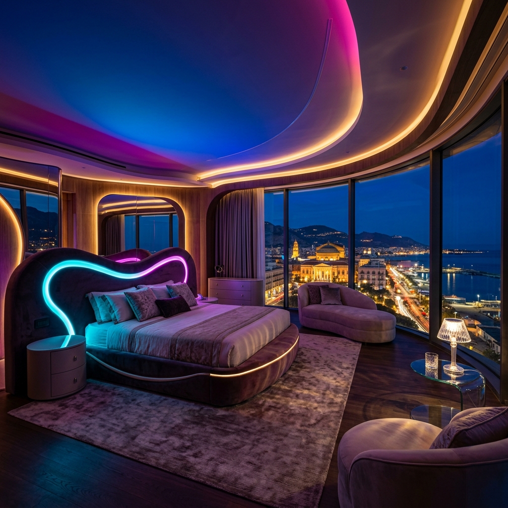 Fortuna Palermo Hotel guest suite with contemporary rounded design and destination views