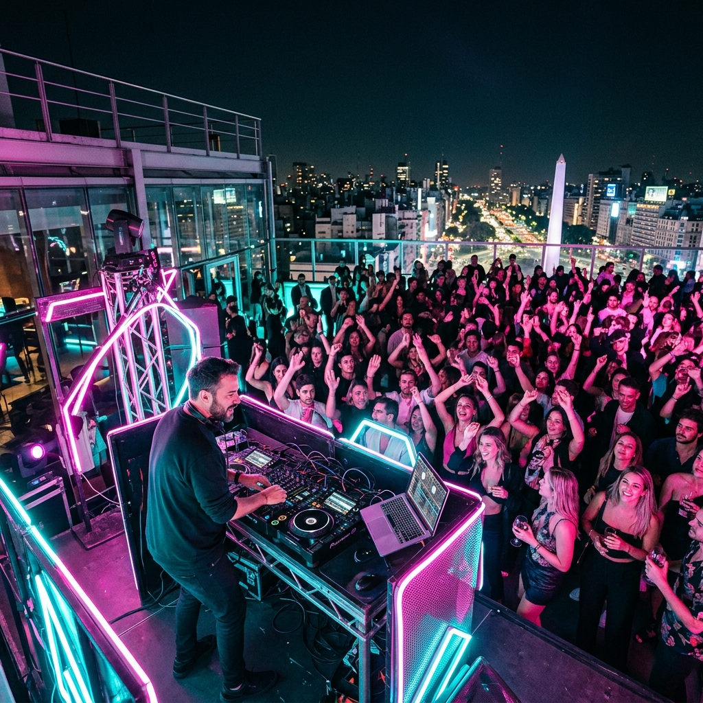 International DJ performing on a rooftop stage above Buenos Aires with a stylish adult crowd and pink turquoise neon lighting