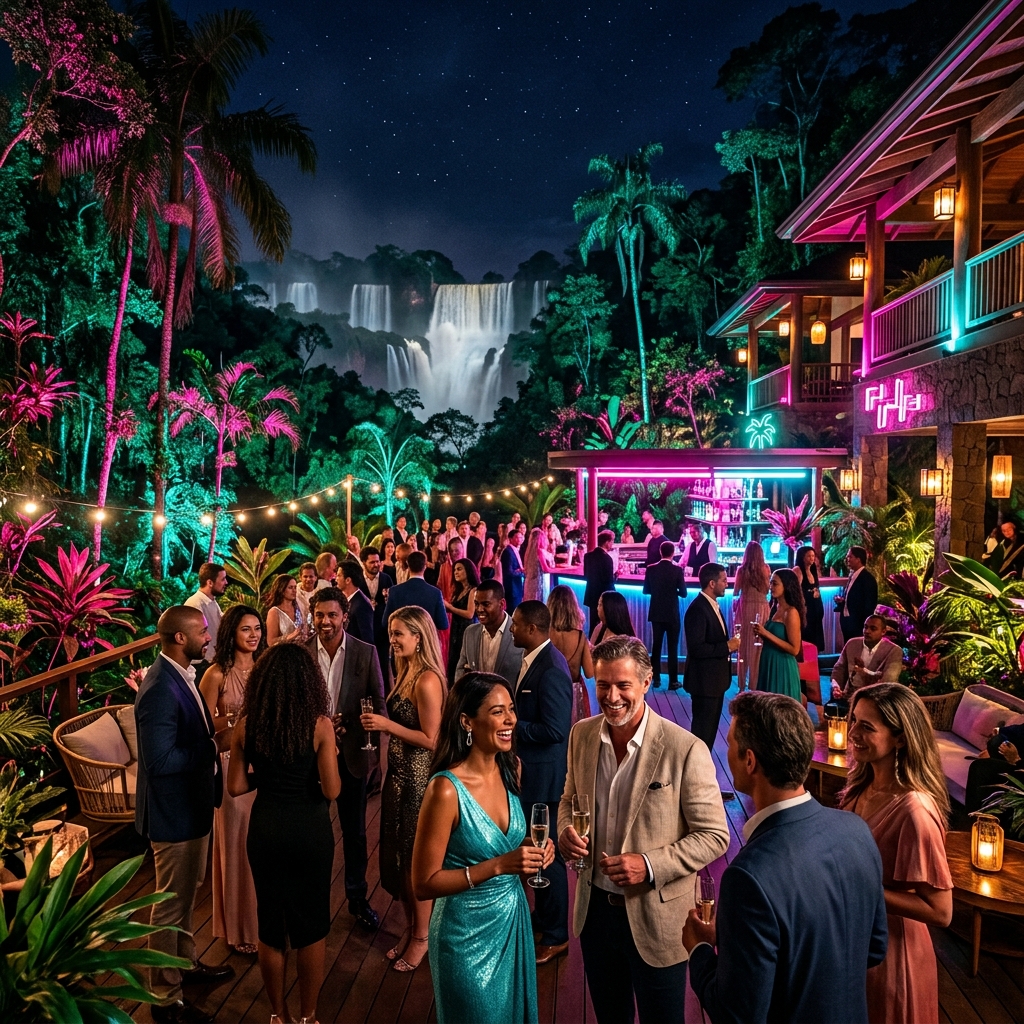Live Latin electronic band performing beneath violet and turquoise light rings for a stylish resort audience