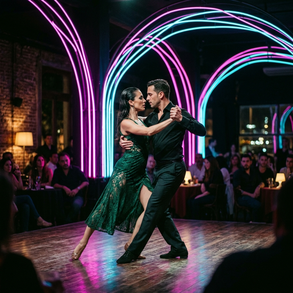 Contemporary tango dancers on a dramatic stage with magenta and cyan neon arches, cinematic Buenos Aires nightlife